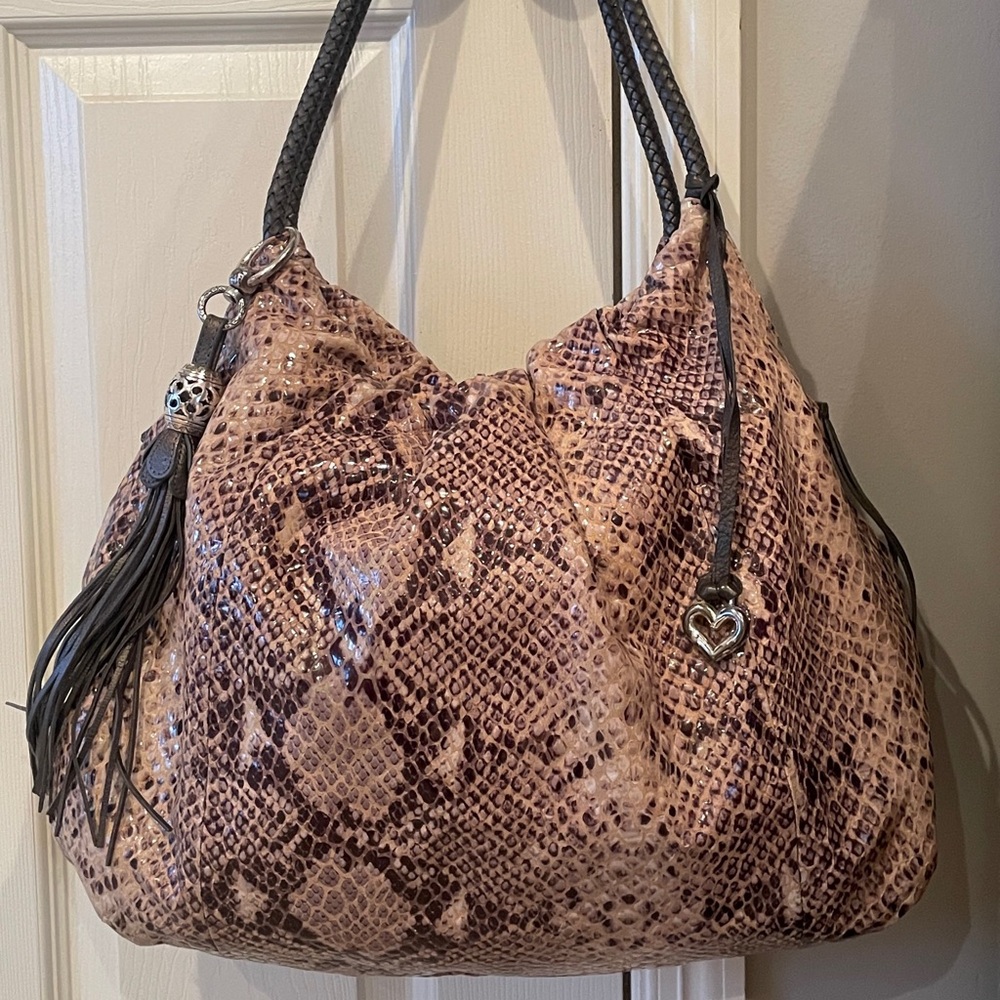 Brighton Elegant Snake Print Shoulder Bag with Dark Brown Accents